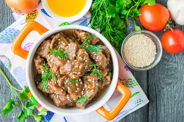 Beef stew in soy sauce with honey and sesame
