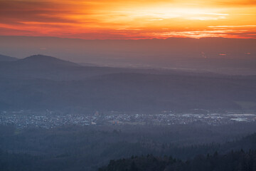 Burning sunset over the entrance to the Murg Valley in the northern Black Forest