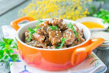Beef stew in soy sauce with honey and sesame