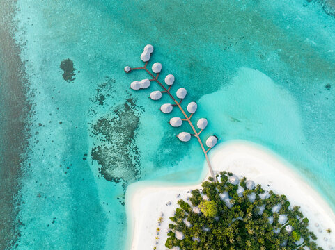Aerial view of a luxury beach resort in the Maldives