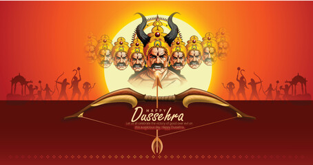 Happy Dussehra, illustration of Bow and Arrow of Rama, killing Ravana in Dussehra, Ram Navami, Vijayadashami  - obrazy, fototapety, plakaty