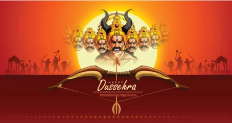Foto op Canvas Happy Dussehra, illustration of Bow and Arrow of Rama, killing Ravana in Dussehra, Ram Navami, Vijayadashami  © IndigoArt