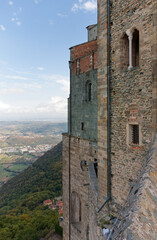 Close-up of the tall walls of the Sacra di San Michele abbey in Susa valley, Italy