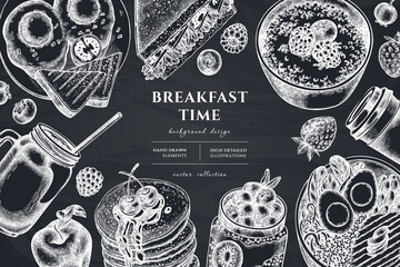 Breakfast hand drawn illustration design. Background with chalk sandwich, pancakes, bowl with avocado, porridge with berries, chia pudding, fried eggs, raspberry, blueberry, strawberry, apples, paper