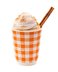 Pumpkin Spice Latte Topped with Whipped Cream in a Disposable Cup Isolated on a White Background