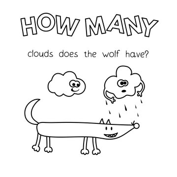 Cartoon wolf counting game. Vector coloring pages for children education. How many clouds does the wolf have