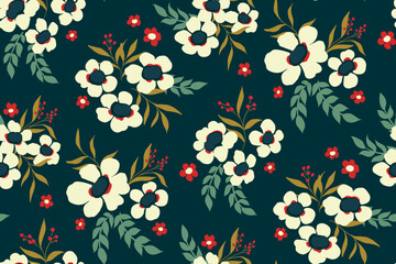 Seamless floral pattern, cute botanical print with winter mood. Abstract arrangement of simple decorative art plants: small flowers, leaves, herbs in bouquets on a dark background. Vector illustration