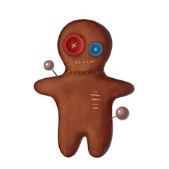 voodoo doll with button eyes and needles kawaii illustration