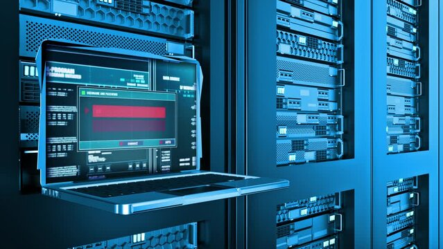 System Crash Warning Error Alert Text Computer Screen Entering Login And Password on server racks data center room Internet. concept Technical Network Glitch failure Problem causes system. Broadcast