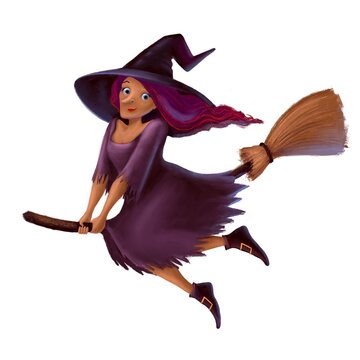 Halloween witch flying on broom holiday illustration