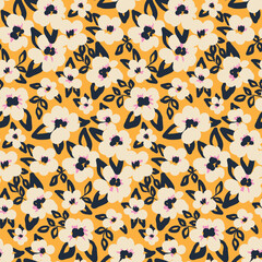 Seamless floral pattern, simple ditsy print with small white flowers on a yellow background. Pretty botanical design with hand drawn flowers and leaves in an abstract arrangement. Vector illustration.