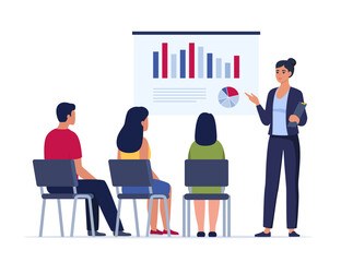 Business woman presenting new project to her partners and colleagues. She is showing graphs and pie charts. Coach giving presentation to clients. Vector illustration.