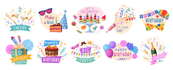 Happy birthday party celebration badges, cartoon festive elements. Hand drawn birthday gifts, balloons and candles labels flat vector illustration collection. Carnival HB party design set