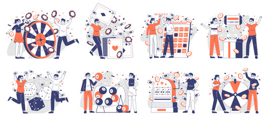 Lucky gambling people, casino games fortune winners. Outline happy lottery, bingo or roulette players flat vector illustration set. People winning prize