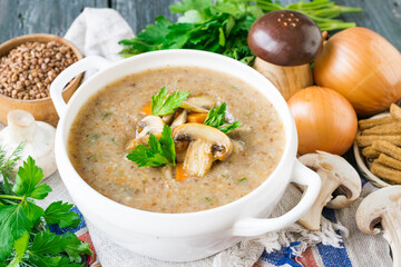 Buckwheat soup with mushrooms. Buckwheat puree soup with champignons. Mushroom soup with buckwheat. Cream soup with buckwheat and mushrooms