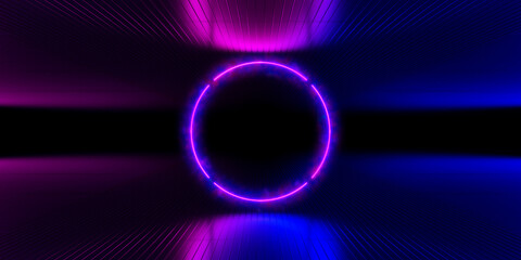 Glowing round neon light, dark stage, purple blue vibrant virtual futuristic portal, 3d render