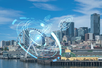 Seattle skyline with waterfront view. Skyscrapers of financial downtown at day time, Washington, USA. Startup company, launch project to seek and develop scalable business model, hologram