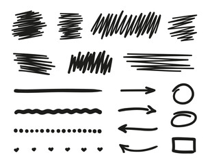 Infographic elements on isolated white background. Hand drawn signs and symbols. Black and white illustration