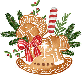 Gingerbread horse with fir branch and candy. Christmas illustration. New Year holiday decor. Winter traditional cookie with ornament. Isolated.