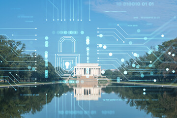 Iconic Lincoln Memorial, Washington DC, USA. Seen from reflecting pool. American politics and governmental bodies. The concept of cyber security to protect confidential information, padlock hologram