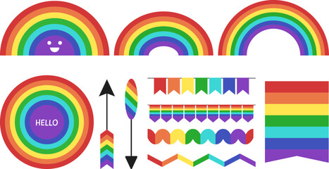 Rainbow elements collection. Flag banners, arrows, rainbows full and half. Cute smile, festive garlands and dividers, vector party symbols set design