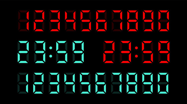 Vector set of electronic digits numbers font from a clock and a countdown timer. Watch and calculator display symbols