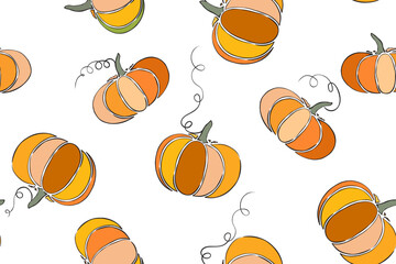 Vector cartoon illustration, hello autumn. Seamless pattern with cozy orange pumpkins, green pumpkin leaves. Thanksgiving day background. Hygge time. Halloween party kitchen linen decor with squash. - 531495249