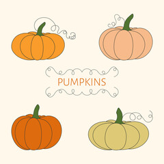Set of four pumpkins. Vector illustration of autumn ripe cozy squash. Thanksgiving day background. Hygge time. Halloween party kitchen linen decor with cartoon pumpkin.