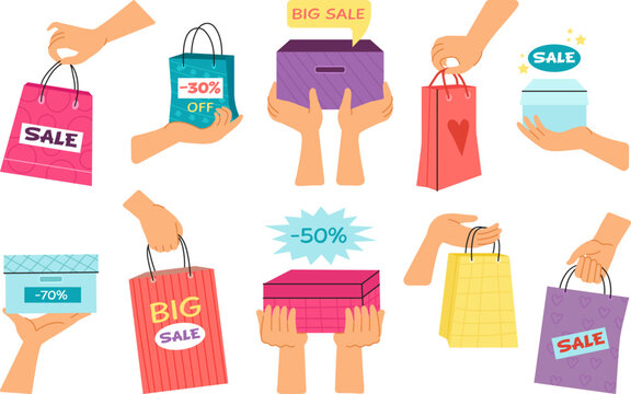 Female hands holding shopping bags from sale. Discount in retail, women hold colorful paper bag. Decent gift or present from store vector collection