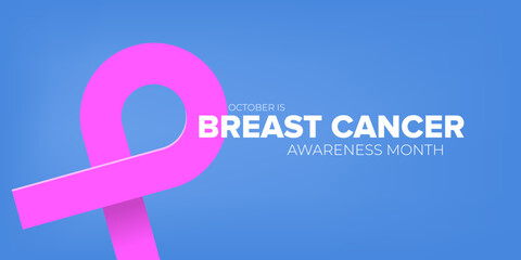 Breast cancer awareness month concept horizontal banner design template with pink ribbon and text isolated on blue background. October is Breast cancer awareness month vector flyer or poster