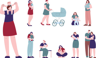 Mother hug laughing baby. Infant babies with mothers, young woman with stroller. Smile cute family with newborn, kicky person with little children vector set