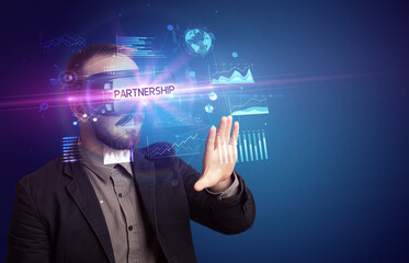 Businessman looking through Virtual Reality glasses