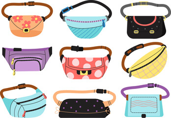Funny girl waist bag. Wallets bags accessories, cool fashion packed for different things. Cartoon unisex purse, colorful wallet decent vector collection