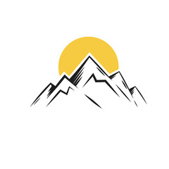 Silhouette of mountains with rising sun. PNG.