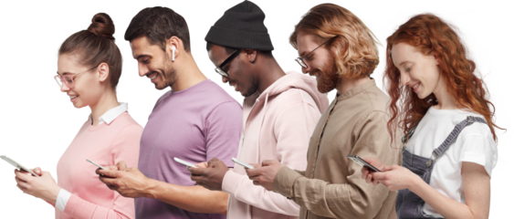 Interracial happy young men and women standing in row, using smartphones