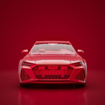 Crimson Red Car, Audi RS6 Avant 2020. Front View, 3D Rendering