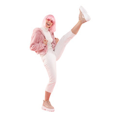 Fototapeta Girl power! Full length portrait of young energetic woman doing high kick in air while dancing obraz