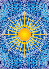 The sun against the background of an openwork mandala. blue and yellow pattern. Vector graphics.i