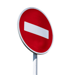 Road sign No entry. Brick sign isolated on white background left view.