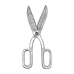 Sewing scissors line art. Tool for trimming threads fabrics.. Tailor profession. Hand drawn vector doodle illustration.