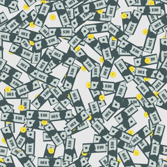 Dollar banknotes and golden coins seamless pattern. Financial wrapping background. Abstract repeating texture with USA currency signs.