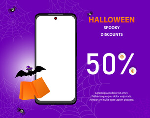 Halloween Gift promotion Coupon banner or party invitation with flying bat holding two orange gift shopping bags on purple background with text and spiders.