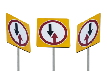 Set of 3 three traffic signs Oncoming traffic advantage straight, left, right isolated on white transparent background.