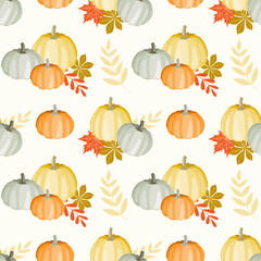 Seamless pattern with Autumn pumpkins, oak and maple leaves. Hand drawn vector illustration in warm colours. Background for harvest holiday, Thanksgiving, Halloween, seasonal, textile, scrapbooking.