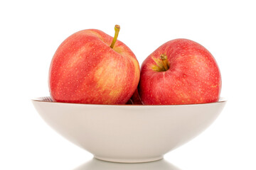 Two ripe red apples in a white ceramic plate, macro, isolated on white background.