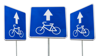 Set of 3 three traffic signs bicycle lane straight, left, right. No way sign isolated on white transparent background.