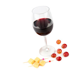 A wineglass of red wine, cheese appetizer and a bunch of grapes isolated on a white . Place for your text.