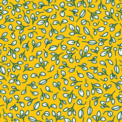 Hand drawn leaves seamless repeat pattern. Random placed, vector botany all over surface print on yellow background.