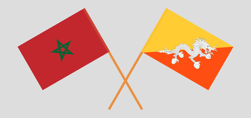 Crossed flags of Morocco and Bhutan. Official colors. Correct proportion
