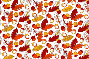 Acorns and oak leaves in an autumn seamless pattern. One continuous line design